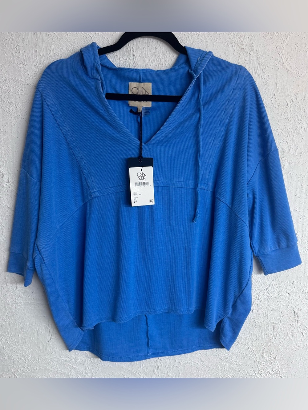 Chaser Brand Rib Knit 3/4 Sleeve Drop-Shoulder V-Neck Hooded Top Size Medium